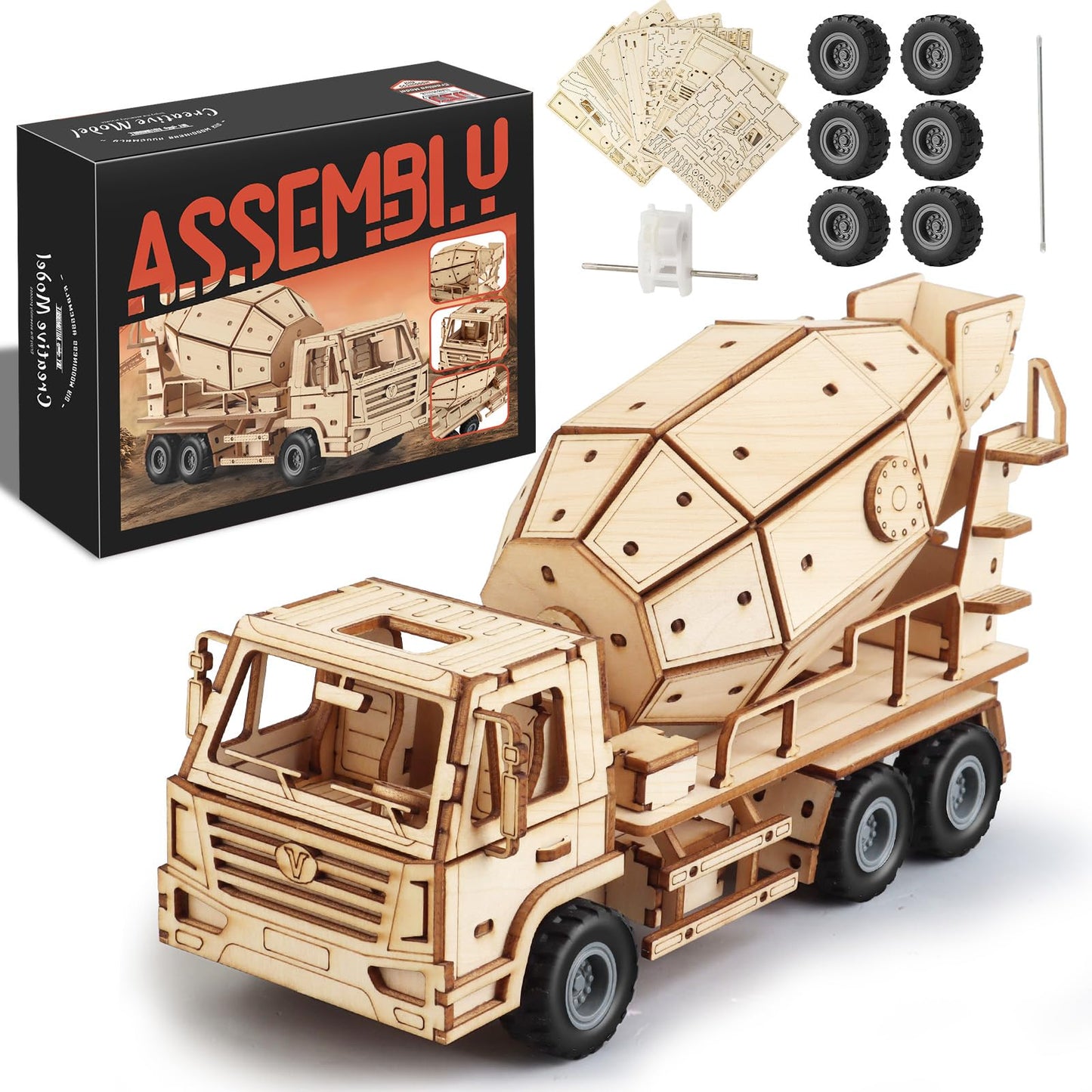 MOCBURIKU 3D Wooden Puzzles Cement Mixer Truck for Adults to Build, 165pcs Wood Craft Model Cars Building Kits with Pull Back 360° Rotatable Mixer Action,Hobby Gifts for Adults Men Teens