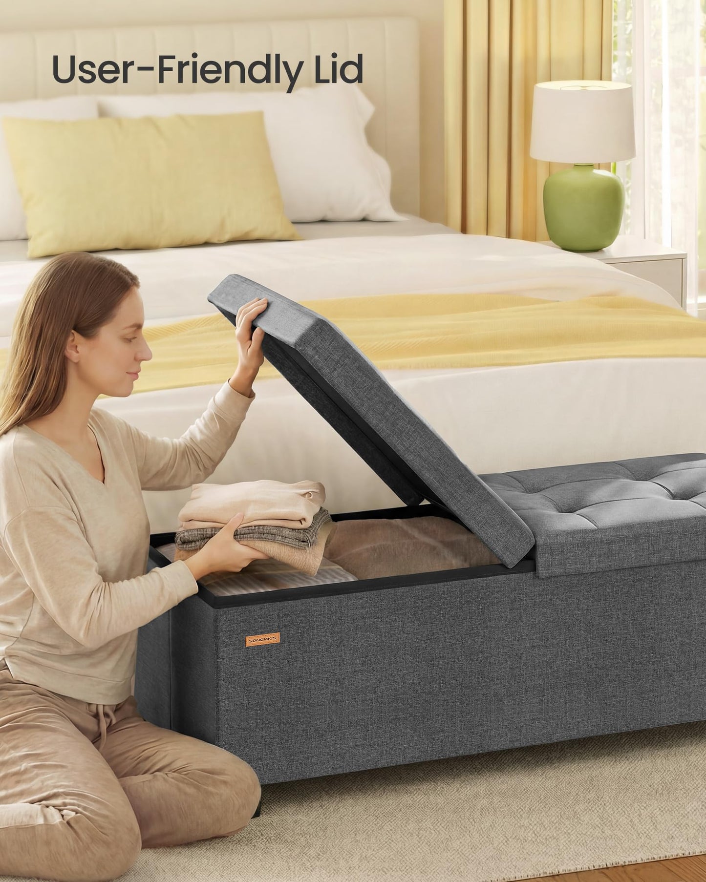 SONGMICS Storage Ottoman Bench with Legs, Folding Ottoman Foot Rest with Flipping Lid, Bench with Storage, for Living Room, Bedroom, Entryway, Linen-Look Fabric, 43.3 Inches, Slate Gray ULSF079GN01