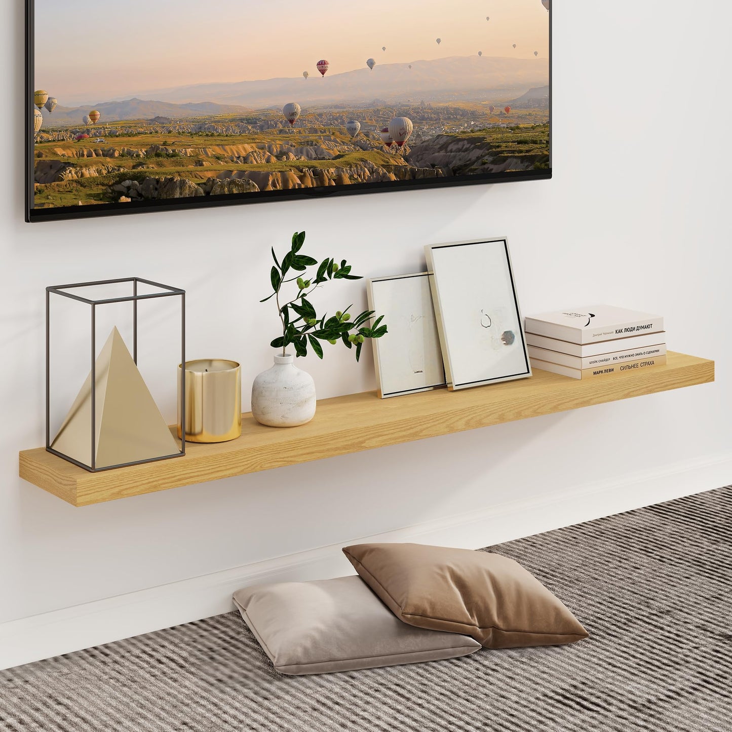 Fun Memories 55 Inch Fireplace Mantel - Long Floating Shelf, Wall Mounted Farmhouse Display with Invisible Heavy Duty Metal Bracket, Oak