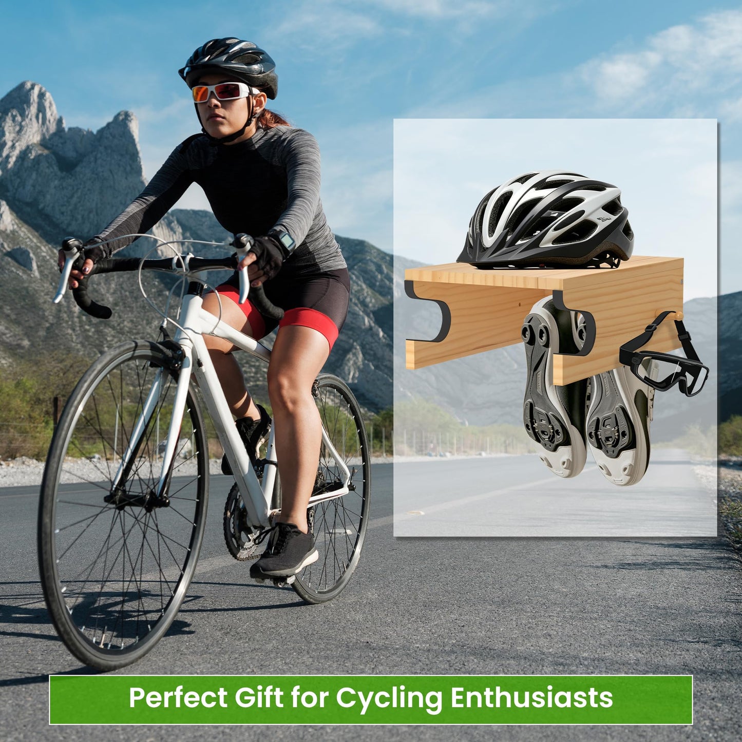 MTGSTOCL Wooden Bike Wall Mount with Shelf & 4 Hooks, Horizontal Bicycle Rack for Garage & Home, Scratch-Free Storage Holder for Road/Mountain Bikes, Space Saving & Easy Install