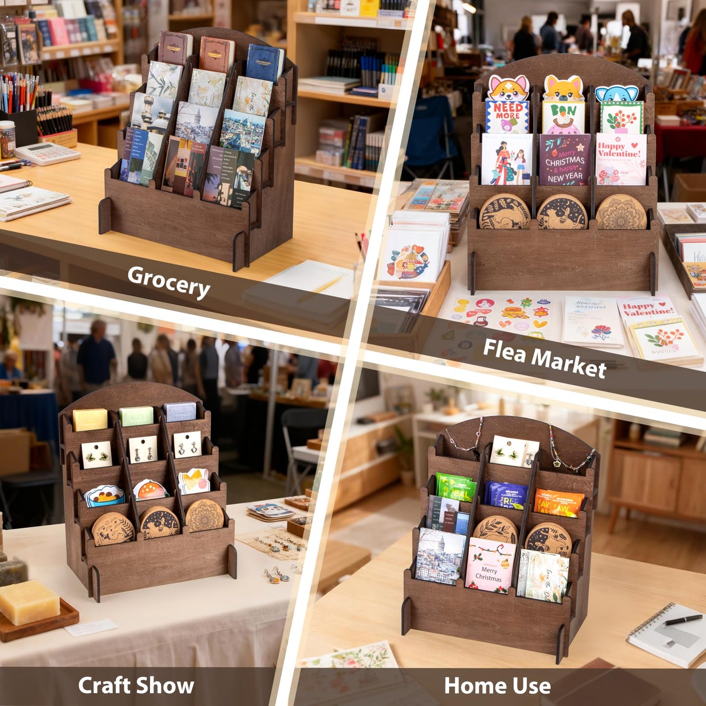PUERSI Wooden Sticker Display Stand, Sticker Holder Display Organizer with 12 Pockets for Greeting Card, Postcard, Coaster, Bookmark, Brochure, Vendors, Retail, Brown
