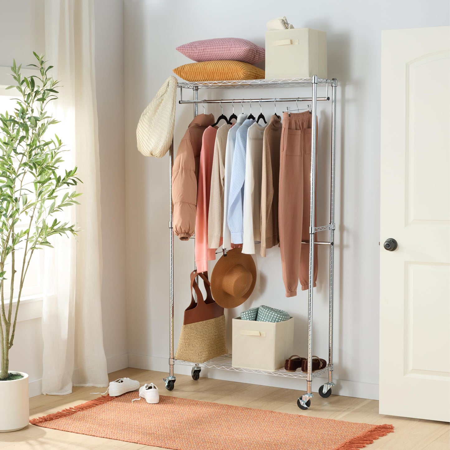 Amazon Basics Adjustable Double Rod Rolling Garment Rack, Hanging Clothes Closet Organizer with Wheels, Heavy Duty, 36" x 14" x 72", Black