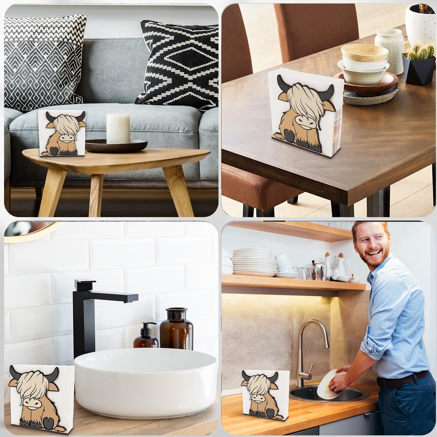 FYSUIMU 2 Pcs Wooden Highland Cow Napkin Holder Standing Brown Wooden Paper Holder Napkin Tissue Dispenser for Dining Room Cocktail Kitchen Table Countertop Decor