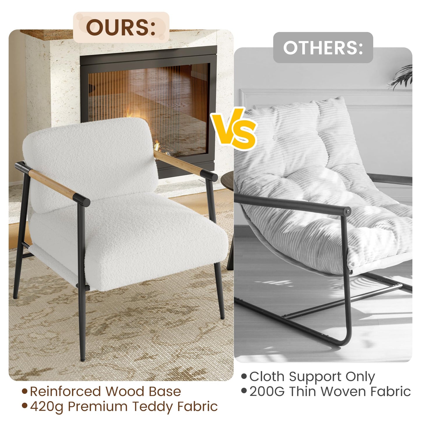 GarveeHome Comfy Chair, Modern Accent Chair with Metal Frame, Cozy Reading Chair with Soft Cushion & Wood Armrest for Bedroom, Living Room, White
