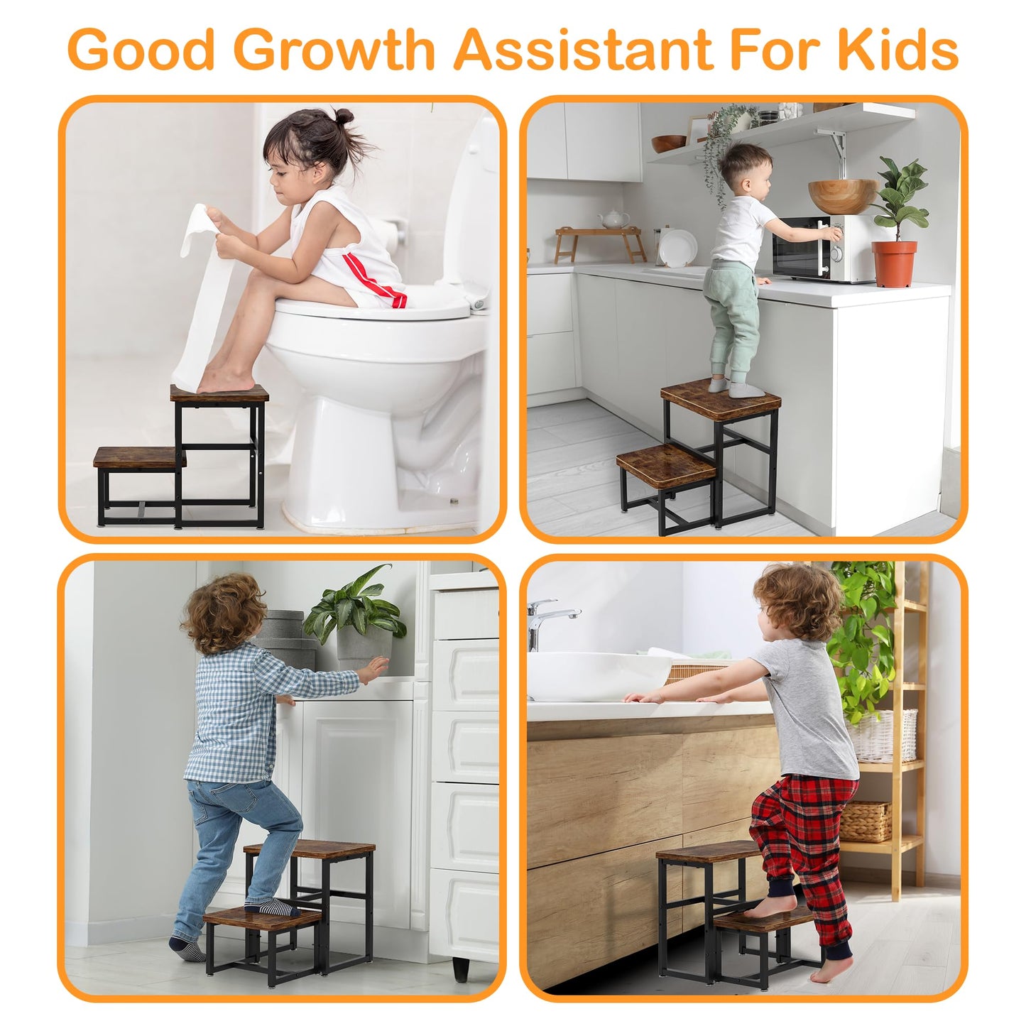Toddler 2 Step Stool, Kids Wooden 2 Step Stools for Bathroom, Kitchen, Bedroom and Living Room, Heavy Duty Tall Stepping Stool for High Beds and Toilet up to 450-LBS