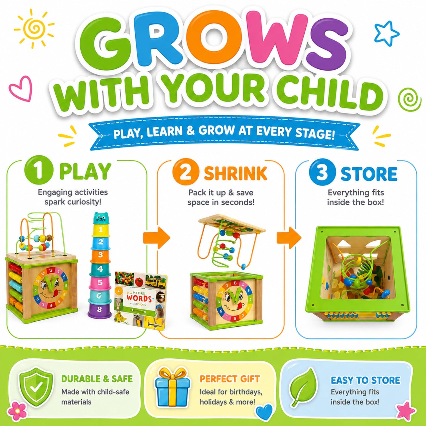 Wooden Activity Cube for 1 Year Old - 1 Year Old Boy Gifts - 1 Year Old Boy Toys - Educational Toys for 1 Year Old - Busy Cube with Bead Maze Toy - Baby Stacking Cups & Board Book - Blue Gift Box