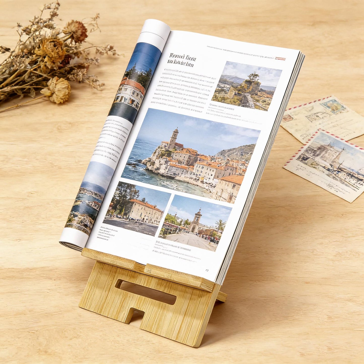 AEOSEAZTU 5 Pcs Bamboo Book Stand for Display Natural Easel Book Holder for Home Office School Fits CDs Comics Magazines Postcards Albums Artworks Phones(7.1x4.7x5 Inch)
