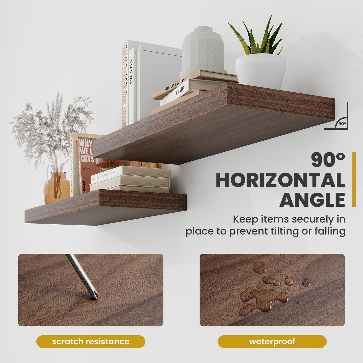 Acovy 16 Inch Floating Shelves, 9.3" Deep Floating Shelf Wall Mounted, 16" Wall Shelves, Rustic Deep Bookshelf, Large Display Shelves & Storage Shelves for Bedroom, Living Room, Walnut, Set of 2