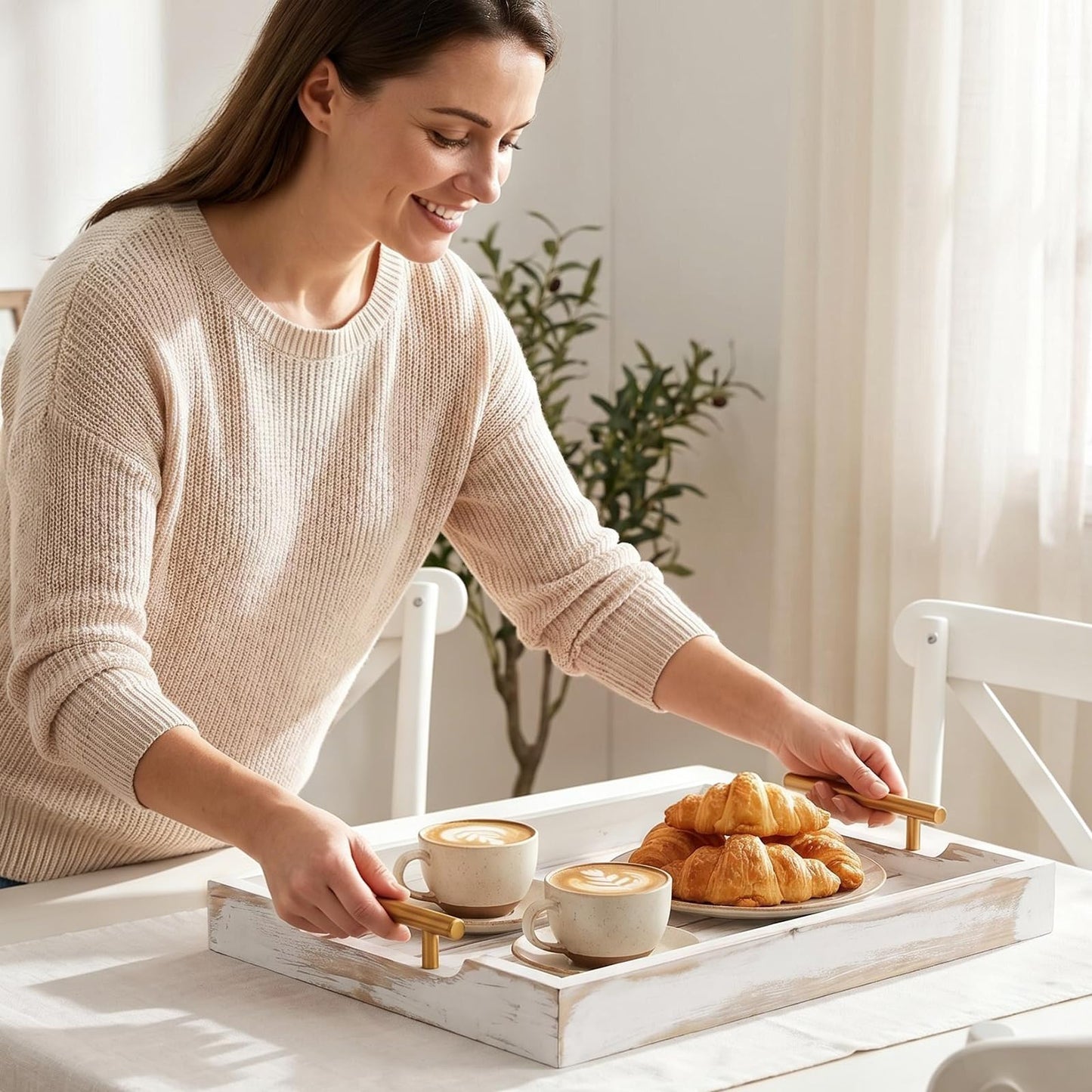 ComfyTune Wood Serving Tray with Metal Handles, 17x13in Large Wooden Tray for Ottoman, Coffee Table, Breakfast, Dinner & Bar, Decorative Tray for Living Room, Bedroom, Bathroom and Kitchen, Off-White