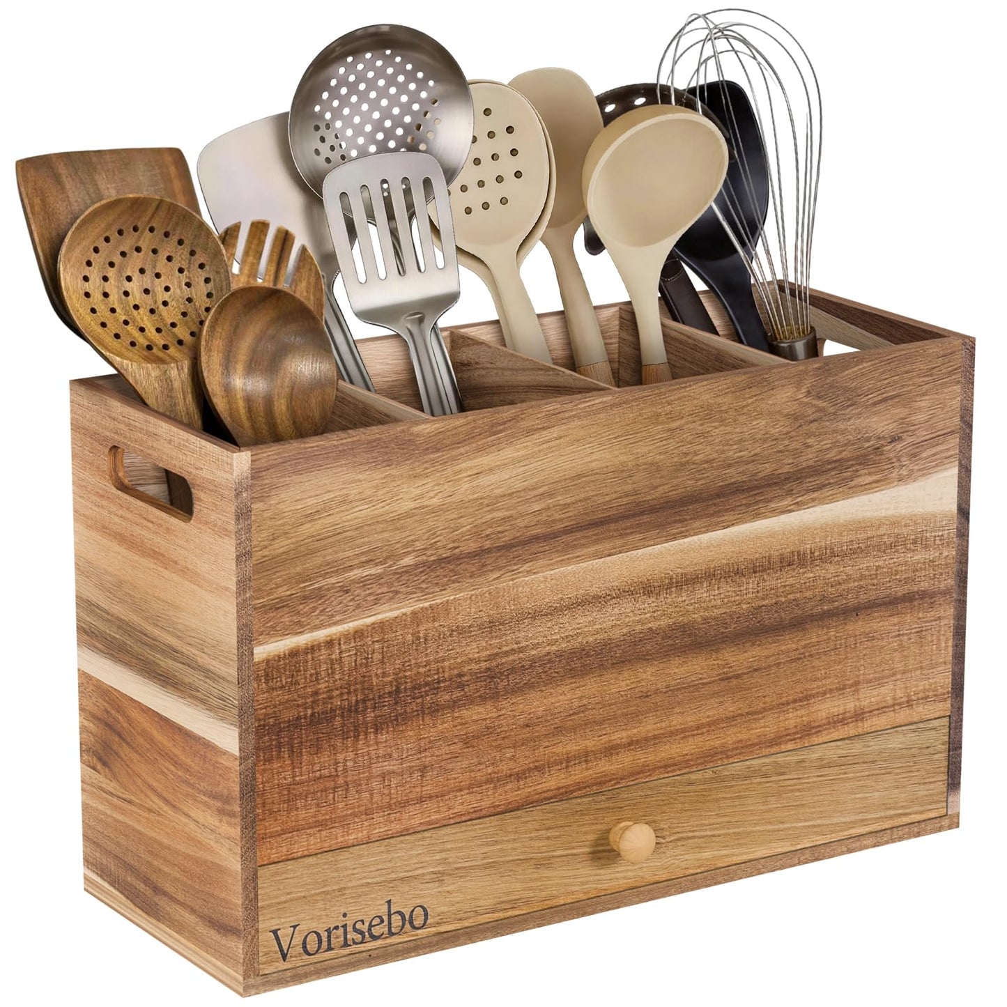Vorisebo Acacia Wood Kitchen Utensil Holder for Countertop, Large Wooden Utensils Holder with 4 Compartment, Farmhouse Utensil Caddy with Drawer for Storage Cooking and Silverware