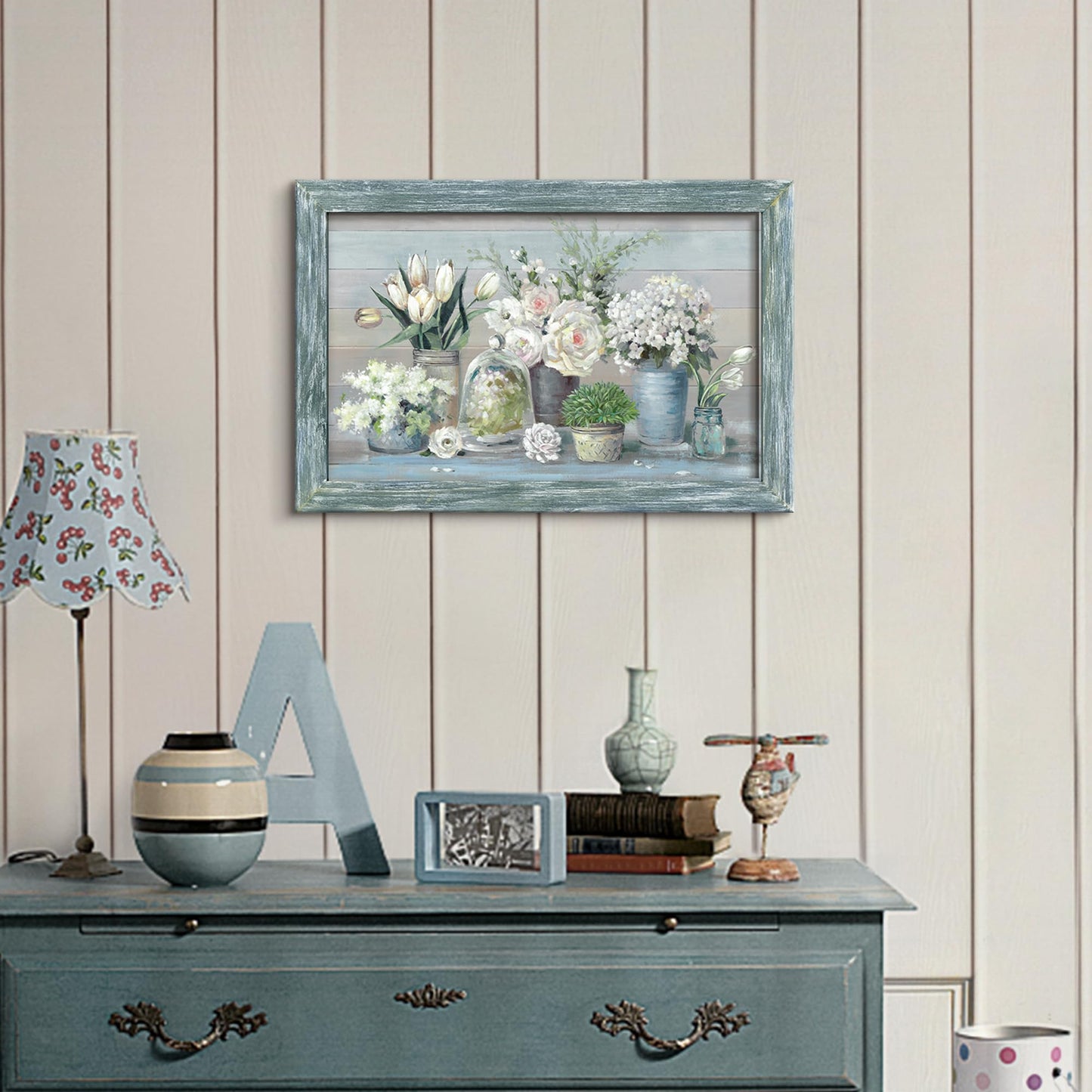 Abstract Bouquet Wooden Framed Artwork: Botanical Flowers in Vase Wall Art Print Painting Modern Floral Nature Plant Picture for Living Room Bedroom Farmhouse