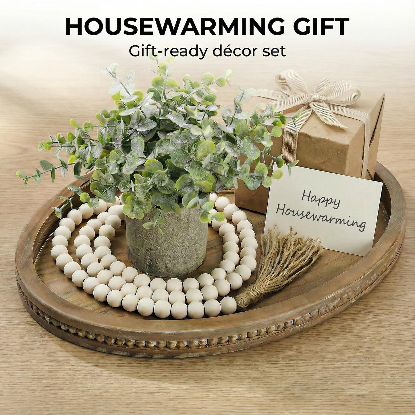 16" x 11.8" Oval Wood Decorative Tray with 58" Bead Garland, Farmhouse Coffee Table & Kitchen Island Dรฉcor, Rustic Brown Entryway Console Tray for Styling, Candles & Small Items