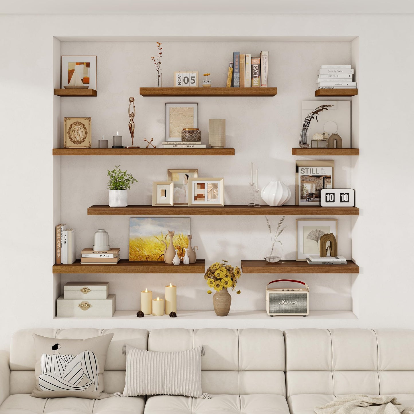 Fun Memories 24 x 12 Inch Deep Floating Shelves, 12 Inch Deep Rustic Wooden Book Shelf, Extra Deeper & Thicker Hanging Shelves for Living Room, Bathroom, Bedroom, Kitchen, Office, Set of 3(Walnut)
