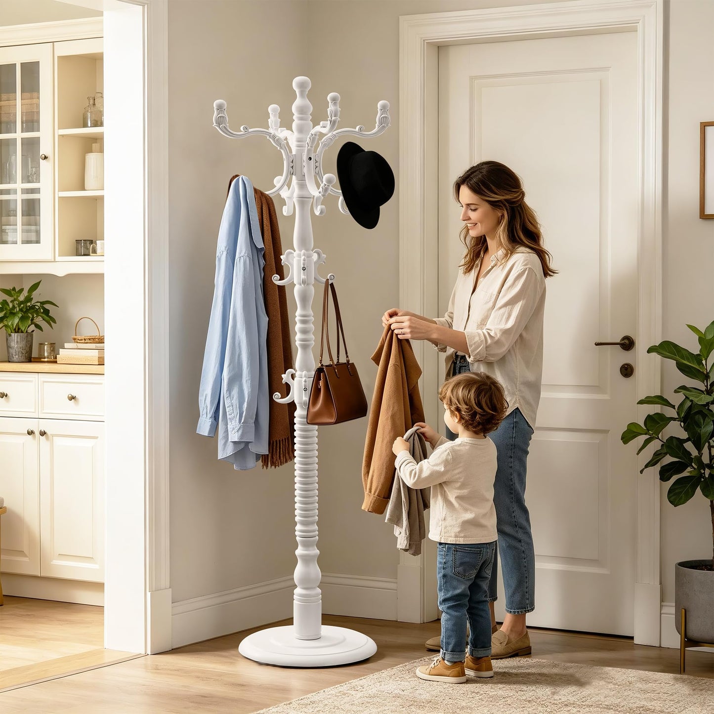 Oiotuesa Wood Coat Rack Freestanding with 14 hooks, Vintage Jacket hanger Tree for Entryway, Bedroom, Office, Hallway, 3-level Height Adjustment
