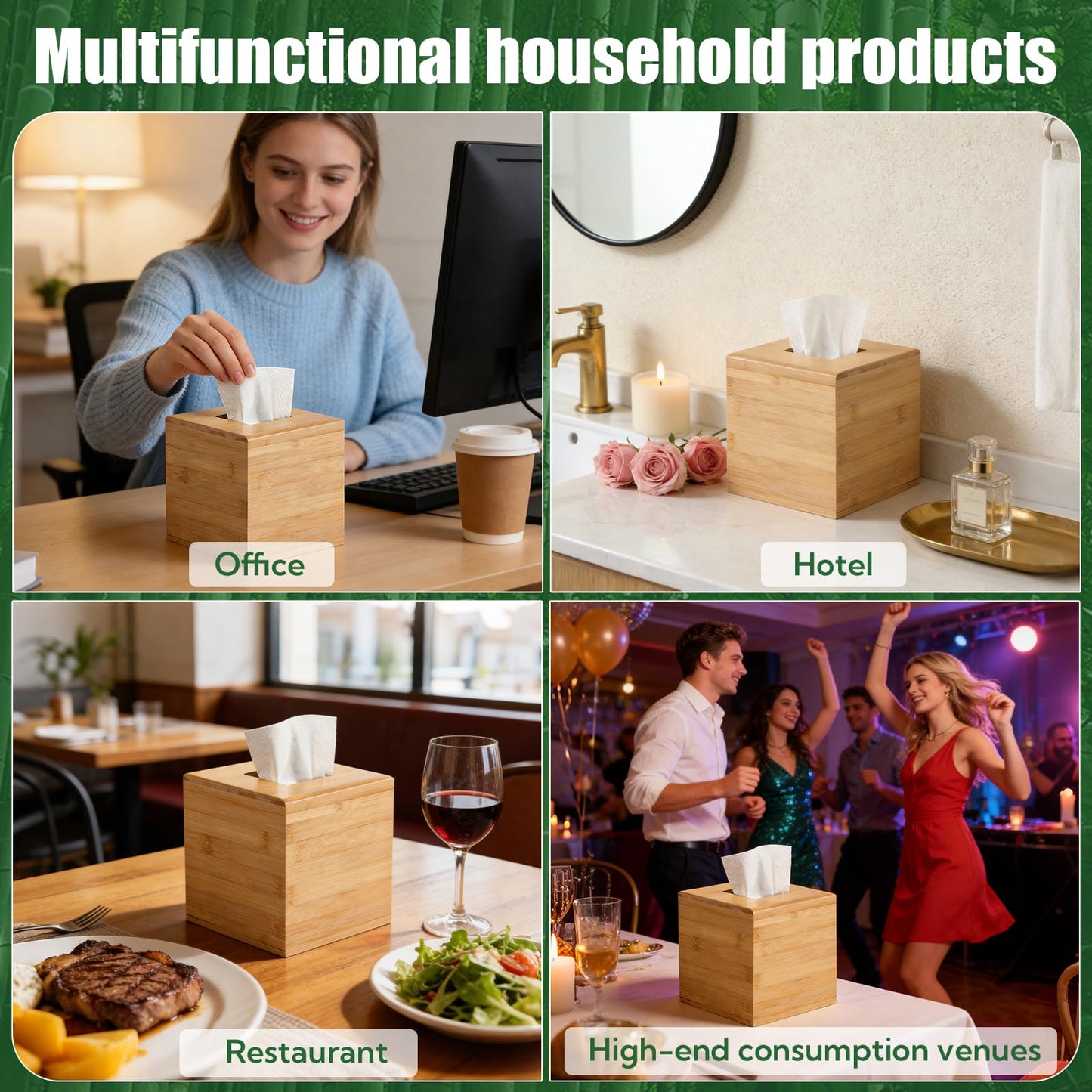 4-Pack Natural Bamboo Tissue Box Covers | 5.9" Cube Storage for Home & Commercial Use | Multi-Scenario Decorative Holder for Kleenex, Napkins, and Paper Towels