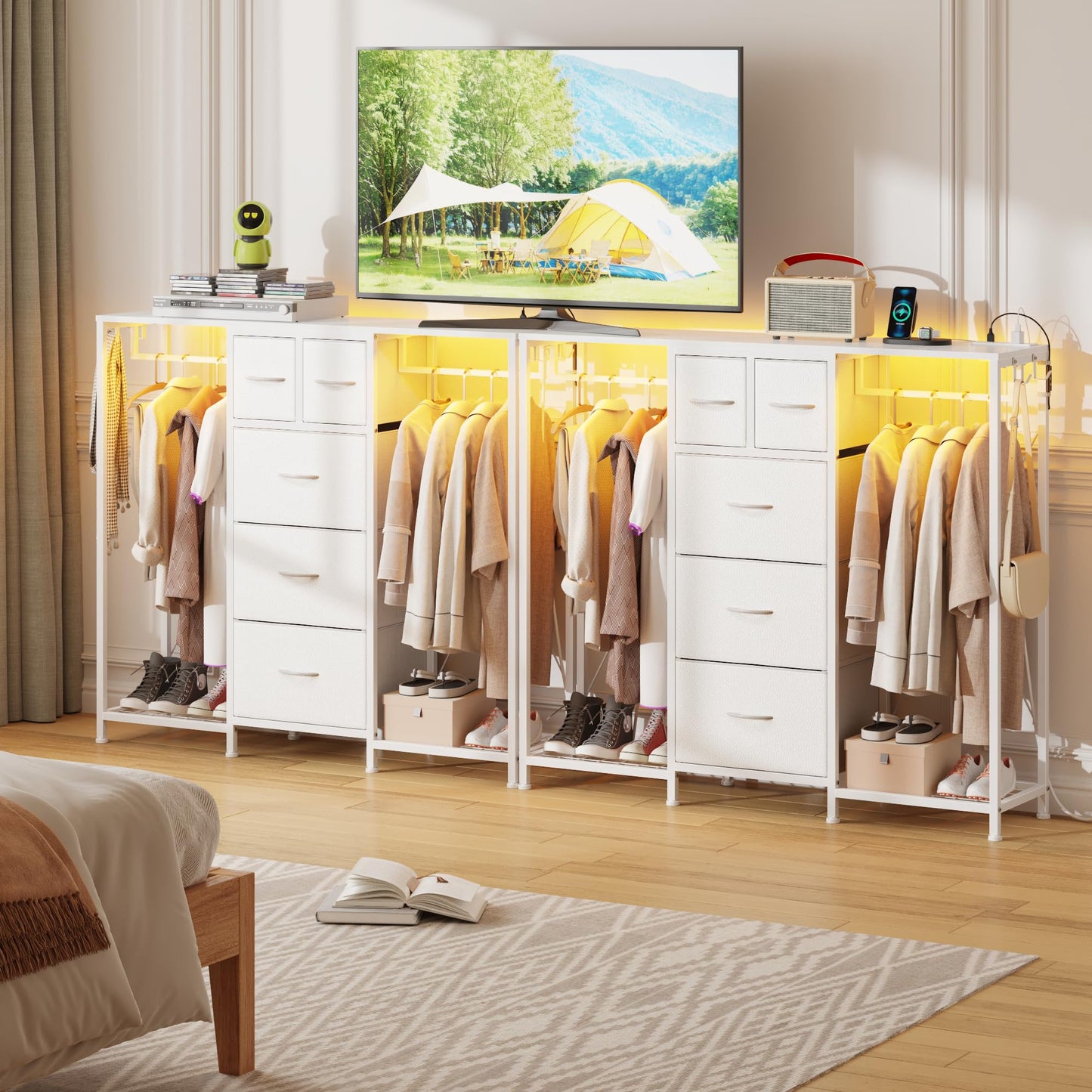 HIGDBFE 5-Drawer Dresser with 2 Hanging Racks, White, 49.2" W