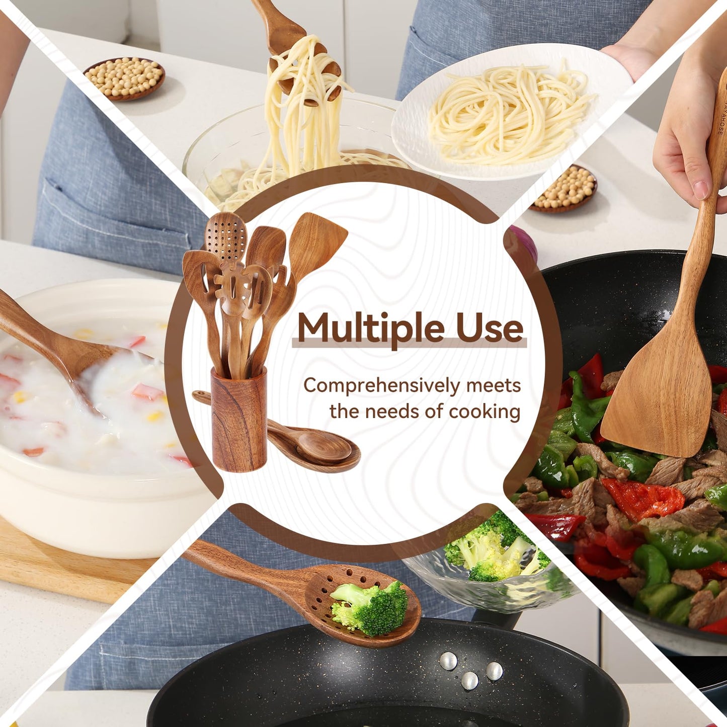 NAYAHOSE Kitchen 10PCS Teak Wooden Utensil Set with Holder and Spoon Rest