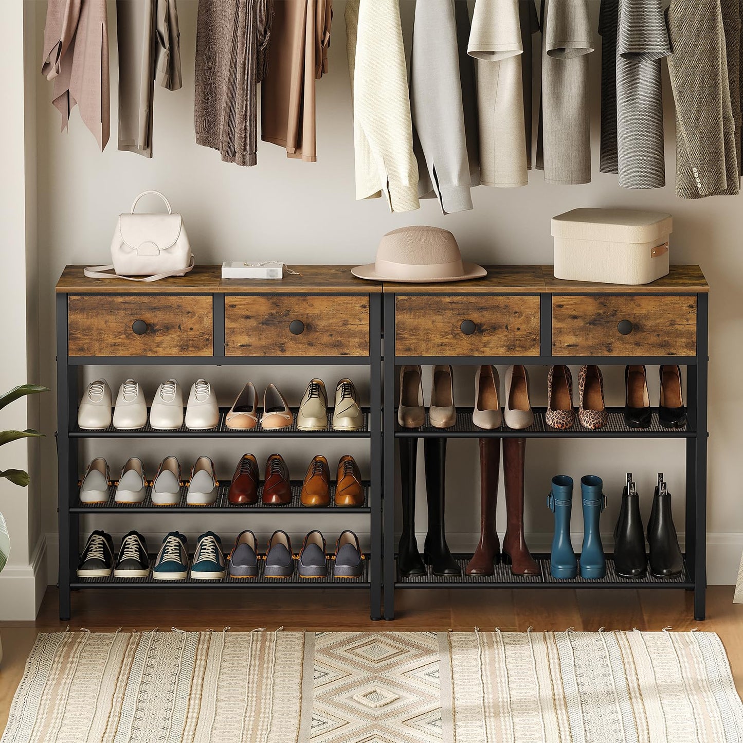 YATINEY 10 Tier Shoe Rack and 4 Tier Shoe Rack, Large Capacity Shoe Storage Organizer, Metal Shoe Shelf with Drawer and Wooden Top, for 16 Pairs of Shoes, for Entryway, Closet SS10BCG1-SS24BR