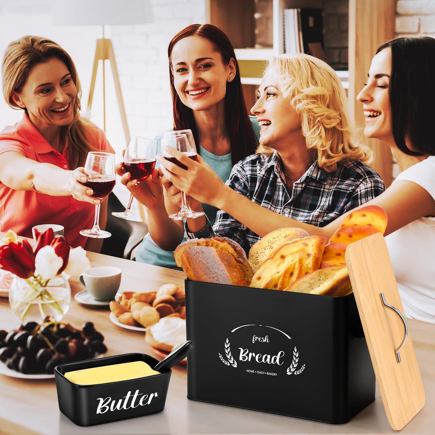 Qinyoung 2 Pcs Large Bread Box Set for Kitchen Countertop with Ceramic Butter Dish Holder Bamboo Lid Knife Metal Bread Holder Farmhouse Kitchen Storage Container for Home Housewarming Gift(Black)
