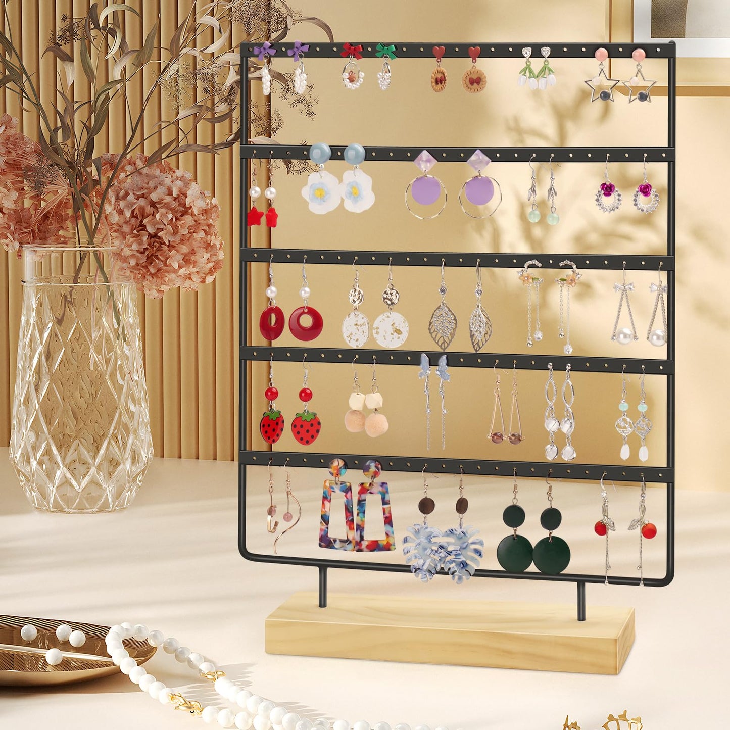 shidaishiye Earring Holder Organizer, 5-Tier Earring Organizer with 60-Pair Capacity, Wooden Base Metal Earring Display, Jewelry Storage & Display for Home Store, Suitable for Women