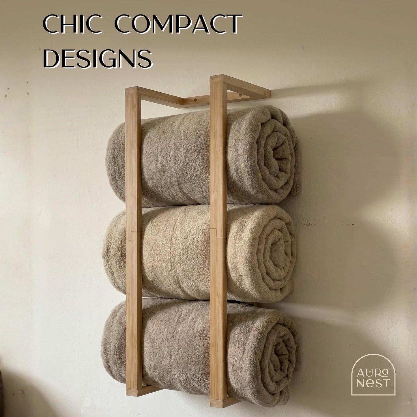 Aura Nest Bamboo Towel Racks - Vertical Wood Towel Rack Bamboo Bathroom Accessories, Storage, Wall Towel Rack for Rolled Towels for Bathroom Furniture, Spa Furniture and Decor