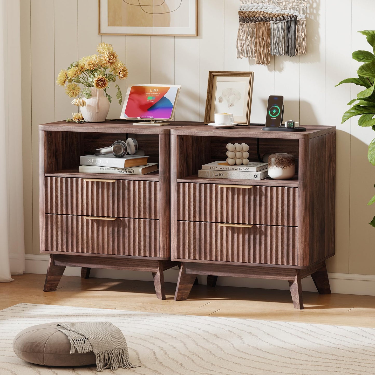 Baoz Walnut Fluted Nightstand with Charging Station & 2 Drawers for Bedroom
