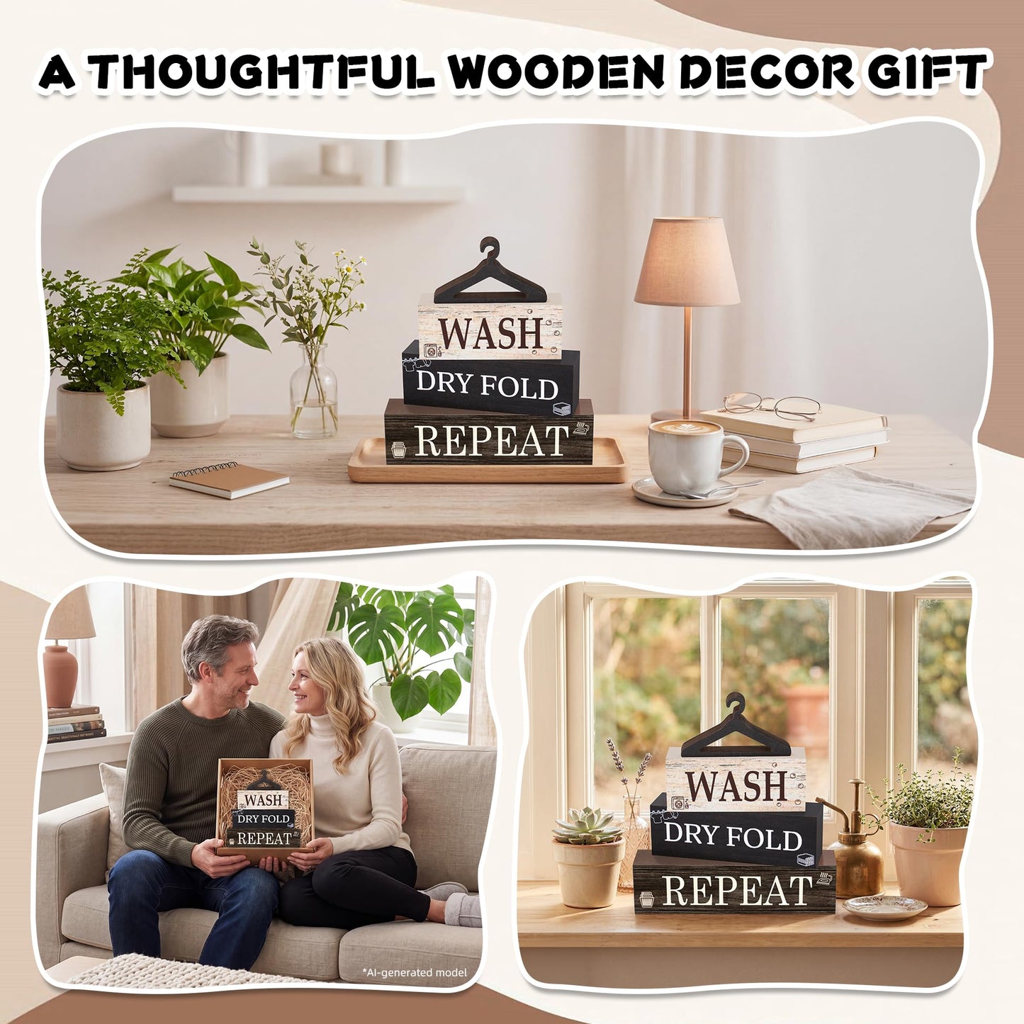 4 Pcs Laundry Wooden Table Decor, Laundry Farmhouse Table Decorations for Home Office