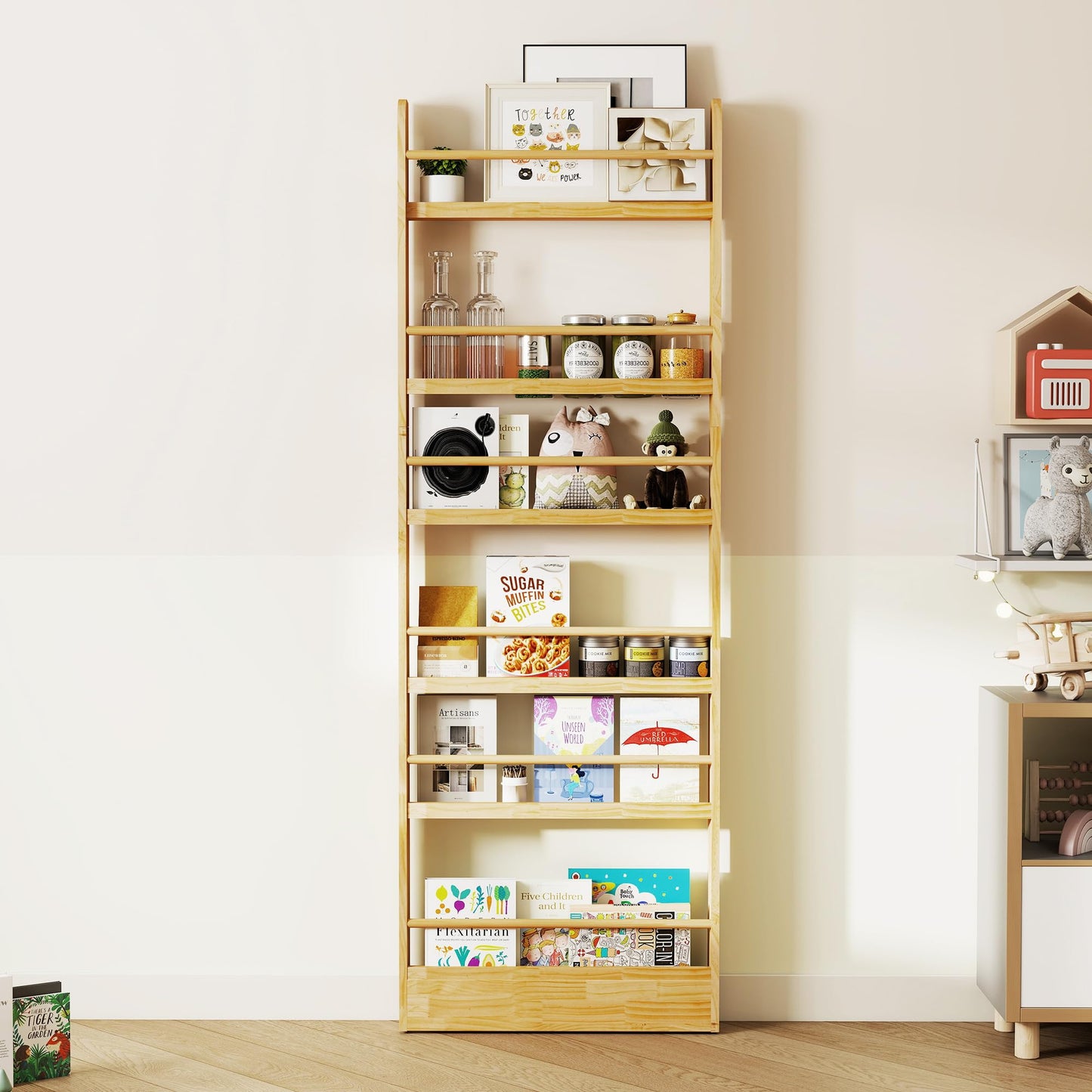 petour 6 Tier Behind The Door Bookshelf, Space Saving Behind The Door Bookcase Wooden Kids Wall Bookcase for Bedroom Living Room Playroom (Wood)