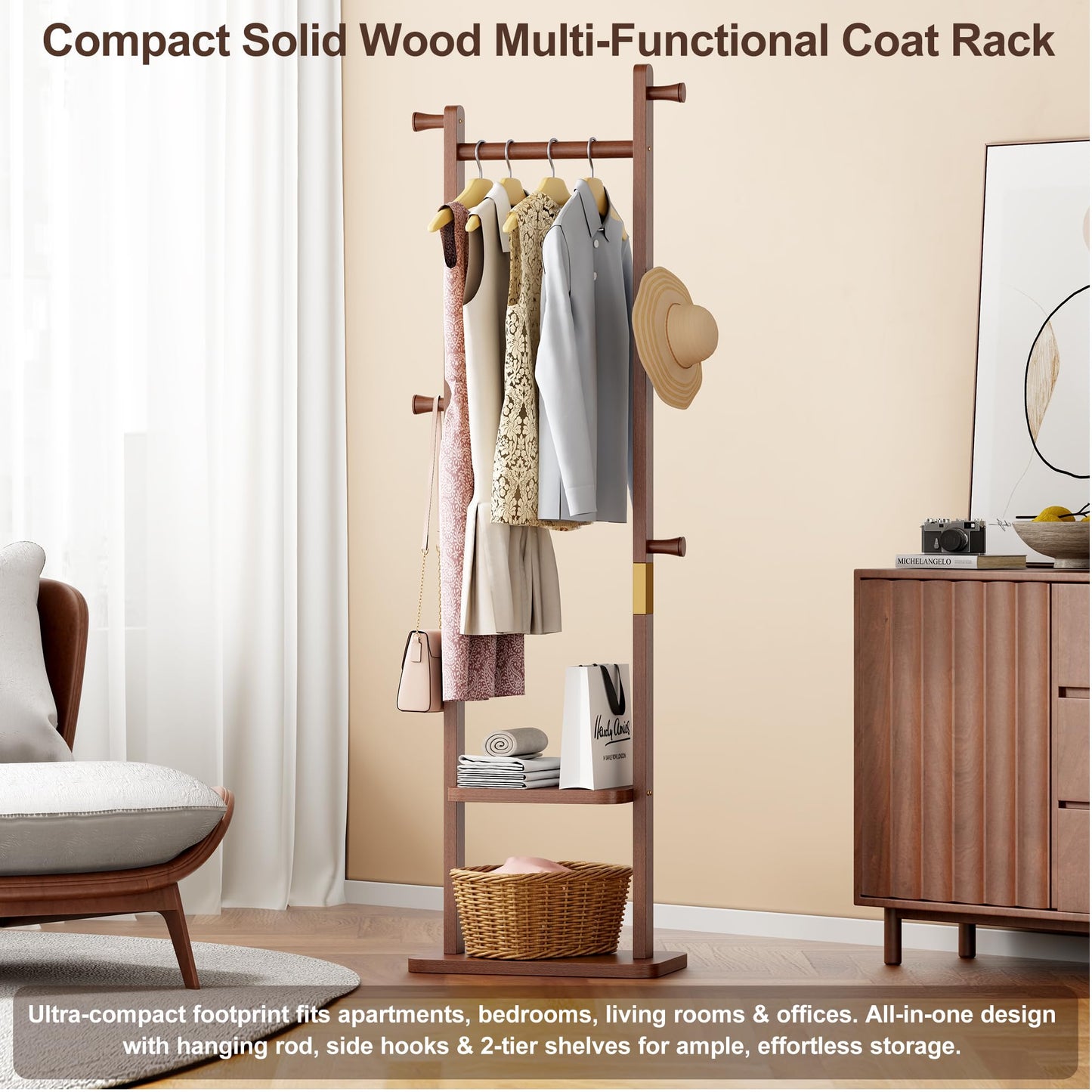 KIRROUS Solid Wood Coat Rack Freestanding, Clothing Rack with 5 Hooks & Bottom Shelf, Heavy Duty Coat Rack Stand for Hanging Clothes, Wood Hall Tree Organizer for Entryway, Bedroom (Walnut Brown)