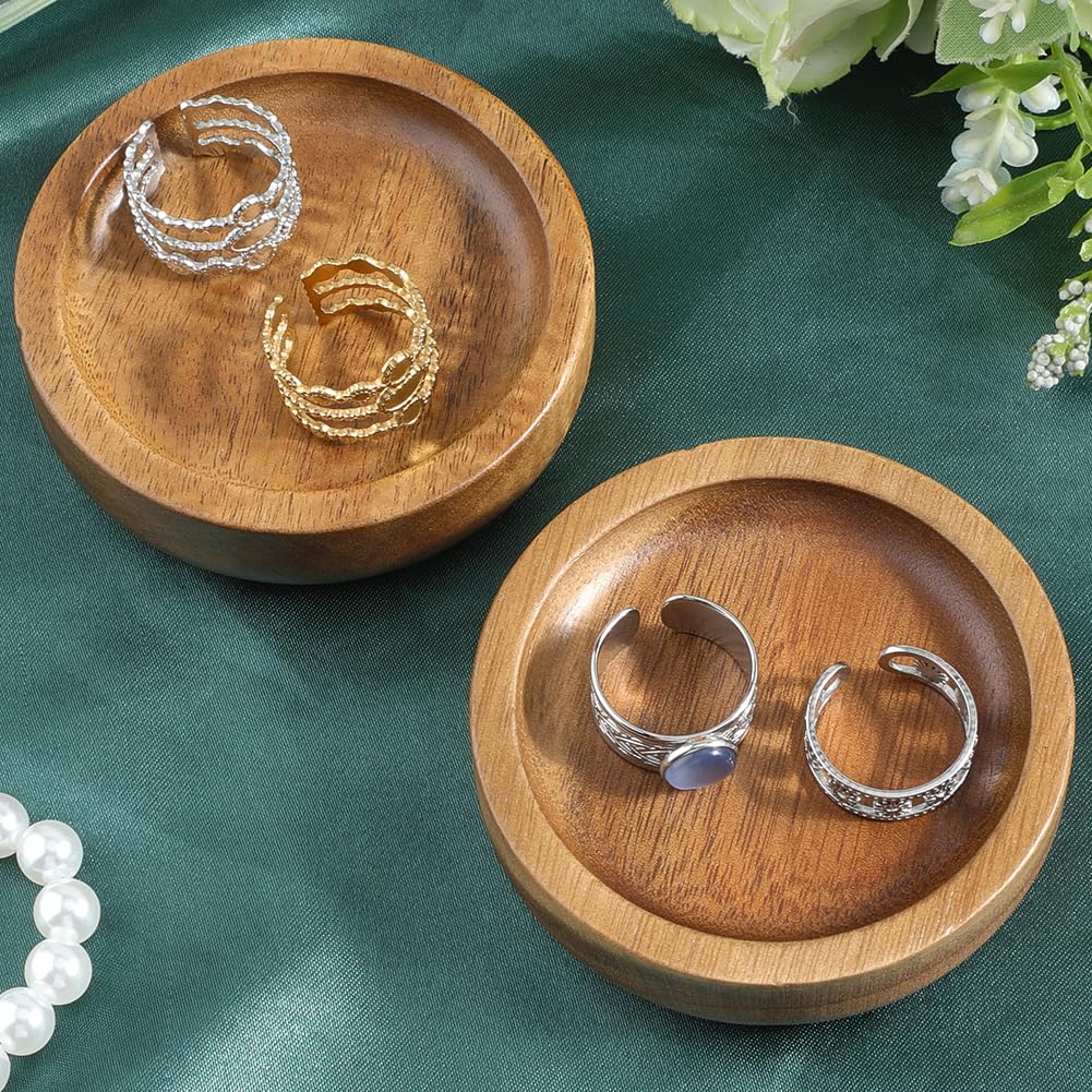 Beebeecraft 2Pcs Wood Ring Tray 2.78 inch Flat Round Jewelry Display