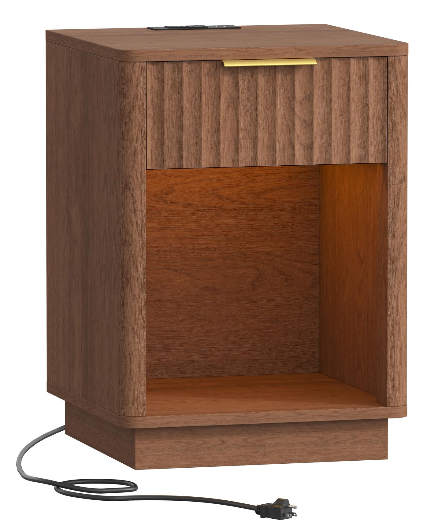 Akxomel Fluted Nightstand, Wooden Night Stand with Charging Station and LED Light, Modern Mid Century End Table with Drawer, 15" D x 15.7" W x 22.6" H, for Bedroom, Walnut