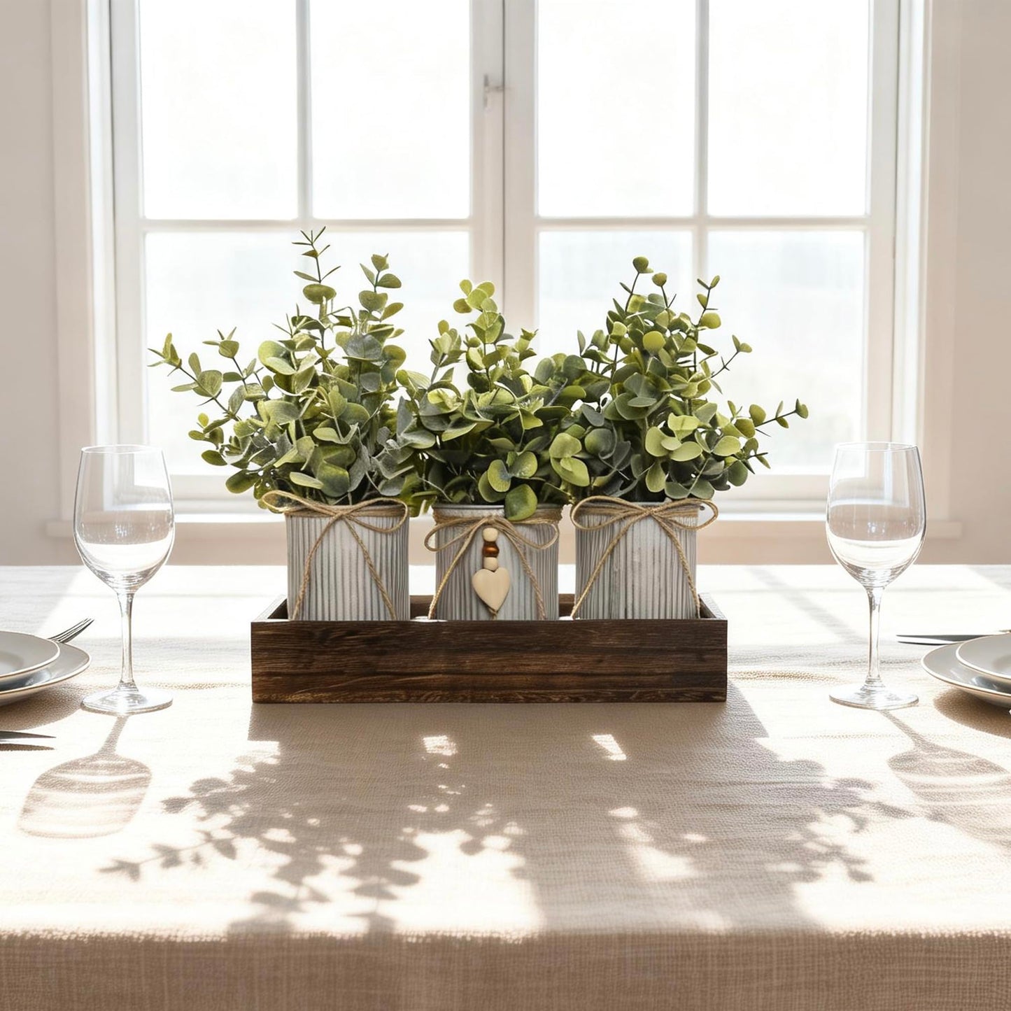 CANCLEAR Rustic Farmhouse 3-Piece Artificial Eucalyptus Centerpiece – Wooden Tray with 3 Galvanized Metal Pots & Faux Greenery – Table Decor for Dining Room, Kitchen, Living Room, Bathroom, Office