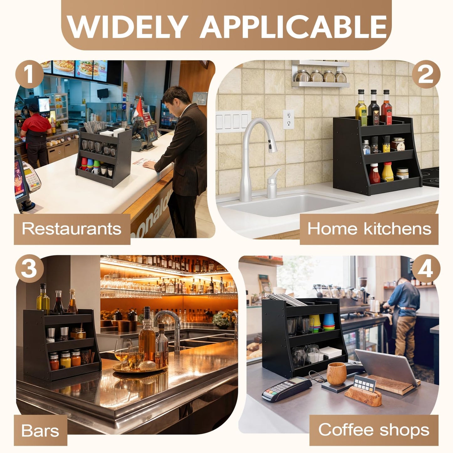 Blulu 3-tier Adjustable Condiment Organizer for Countertop Condiment Food Beverage Holder Wooden Condiments Bottle Sauce Packet Organizer Bin for Coffee Shops Restaurants Bars 14.5" x14.8" x 11.75"
