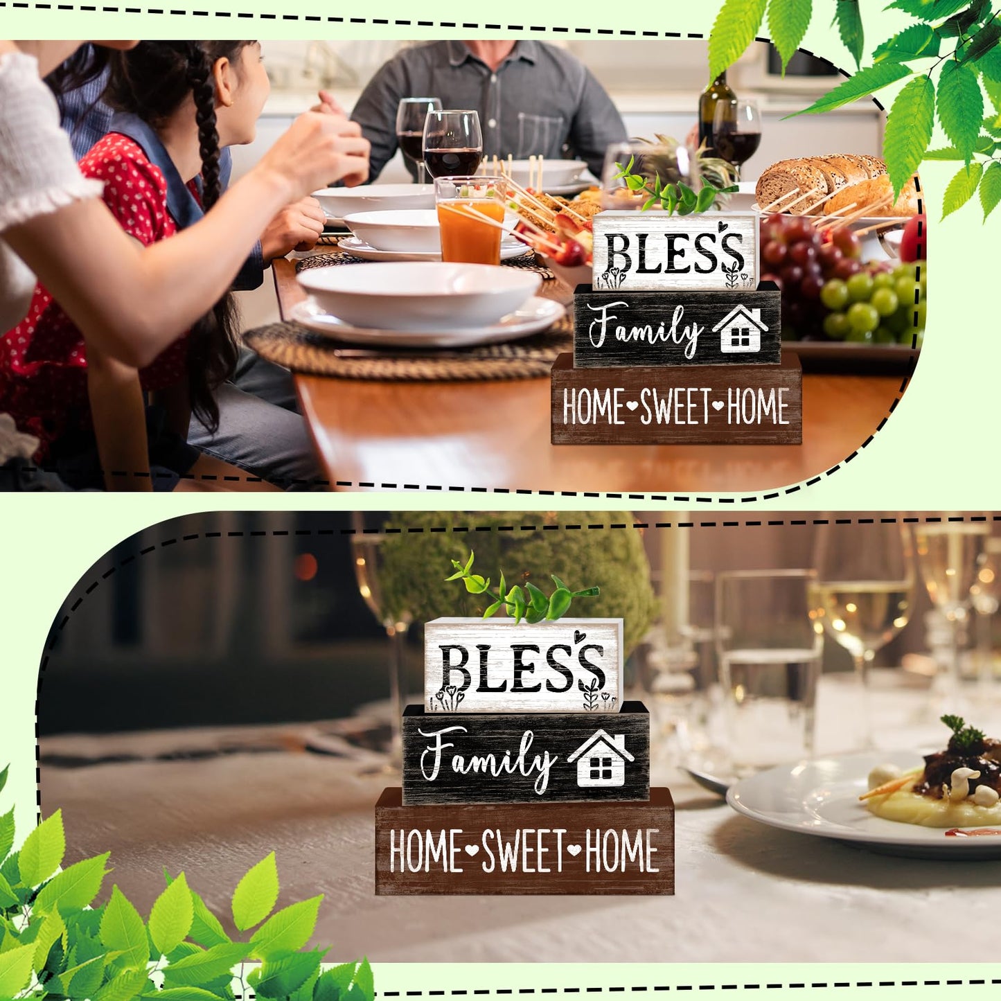 TOMPOP 4 Pcs Sweet Home Wooden Table Decor Eucalyptus Leaves Tabletop Sign Farmhouse Tiered Tray Decorations Family Wood Block Stack Sign Gift for Home Fireplace Mantel (Leaf)