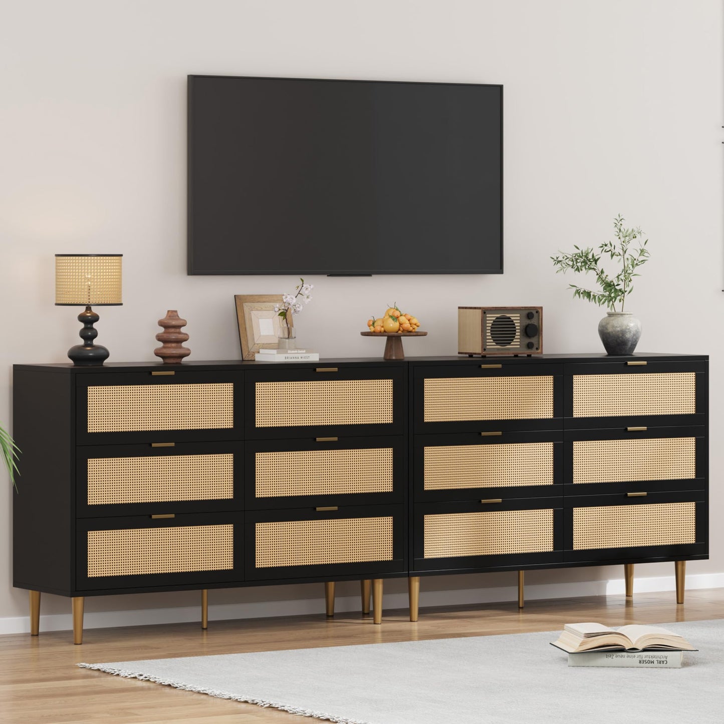 Garvee Rattan 6 Drawer Dresser, 42.5''W Wood Dresser, Chest of Drawers with Gold Legs and Handles, Double Dressers with Large Tabletop and Anti-Tipping Design for Bedroom, Black