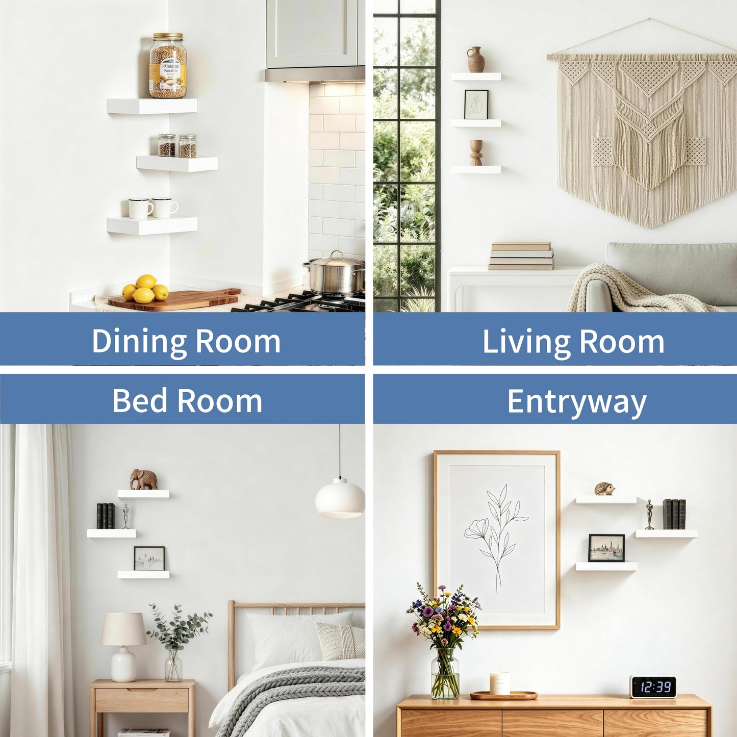 Mifurn Floating Shelves, White Wooden Set of 3 Wall Mounted Bathroom Shelves Over Toilet, Modern Small Hanging Shelves for Bedroom Living Room Kitchen Home Decor Storage, 12" x 7" x 1.5"