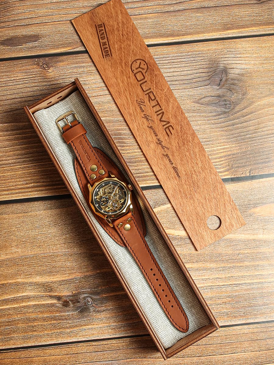 YOURTIME Skeleton Mechanical Watch for Men and Women – Automatic Transparent Golden Dial, Wide Handmade Genuine Leather Strap, Vintage Steampunk Style