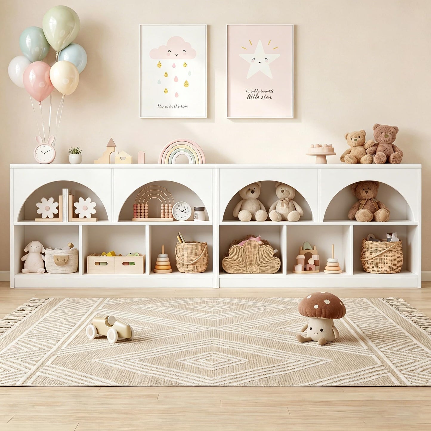 Fatmok 4 Pack Montessori Bookshelf, Modern Arched Wooden Toy Organizer, 5-Section Storage Shelf with Curved Edge, Decorative Furniture for Kids Room Play Area Nursery Kindergarten, White