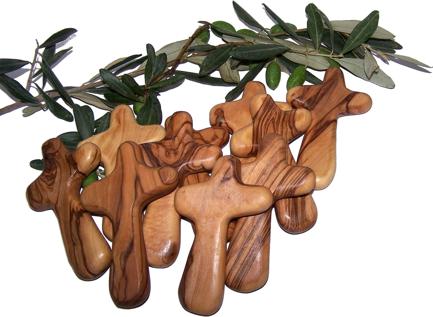 Holy Land Market 10 Olive Wood Comfort Crosses with Velvet Bags & Lord's Prayer Card - Palm Sized Hand Held Cross (4 in) - 10 Packs