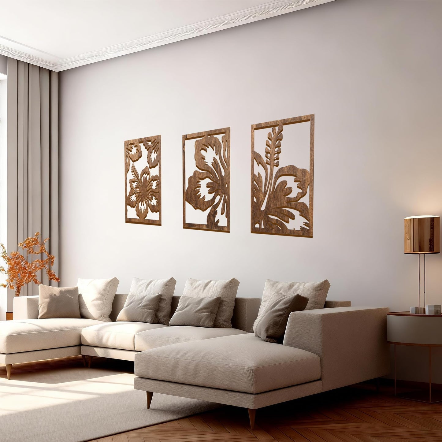 Motivilla 3 Pieces Wood Wall Art Floral Decor, 3D Layered Flowing Flower Wooden Wall Sculptures, Nature Inspired Hanging Aesthetic Decor for Living Room Bedroom Office (Dark Flower, Large)