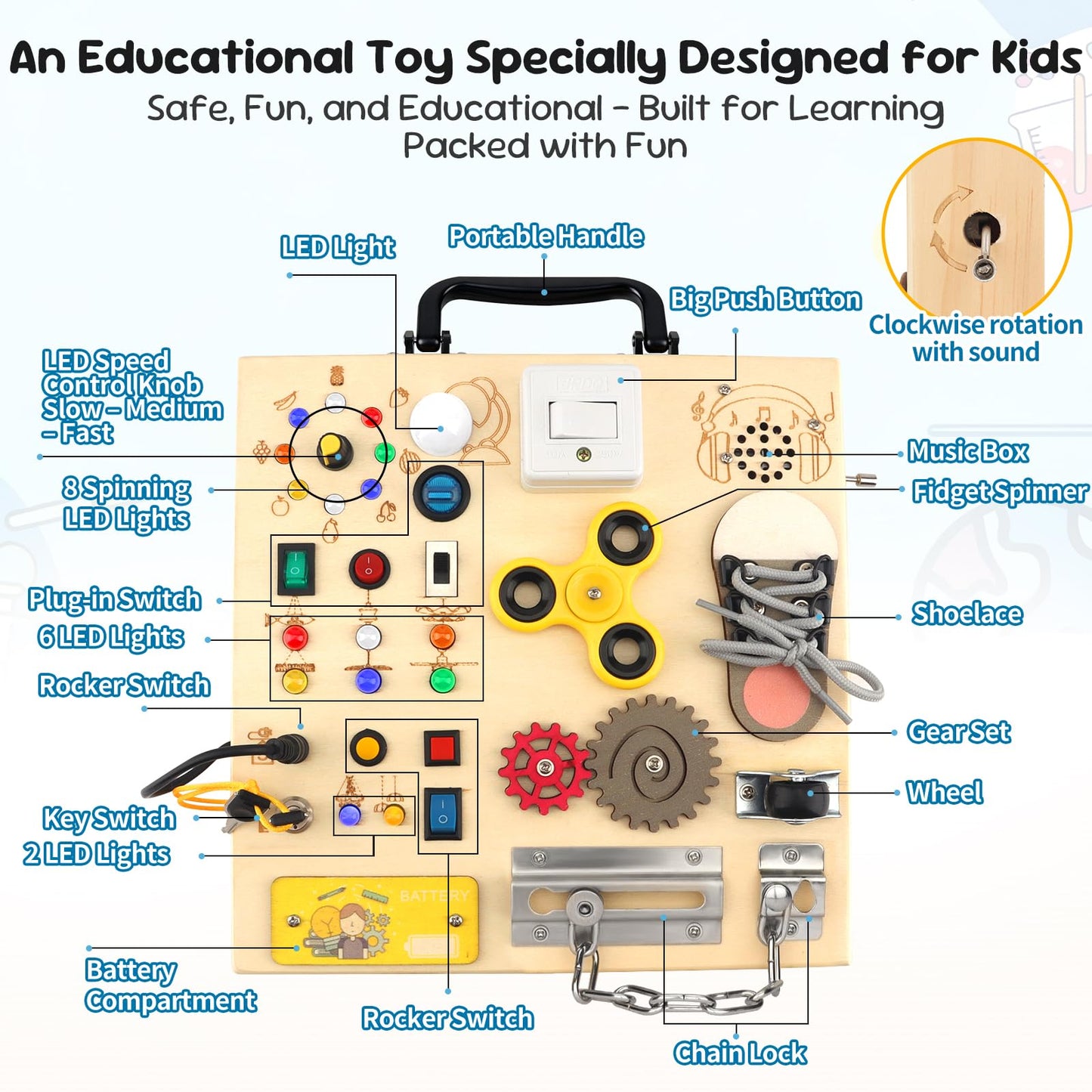 Wooden Busy Board with LED Light,Montessori Baby Learning Toys for Toddlers , Sensory Activity Board , Travel Educational Toy Boy & Girl Birthday Gift (Black Handle)