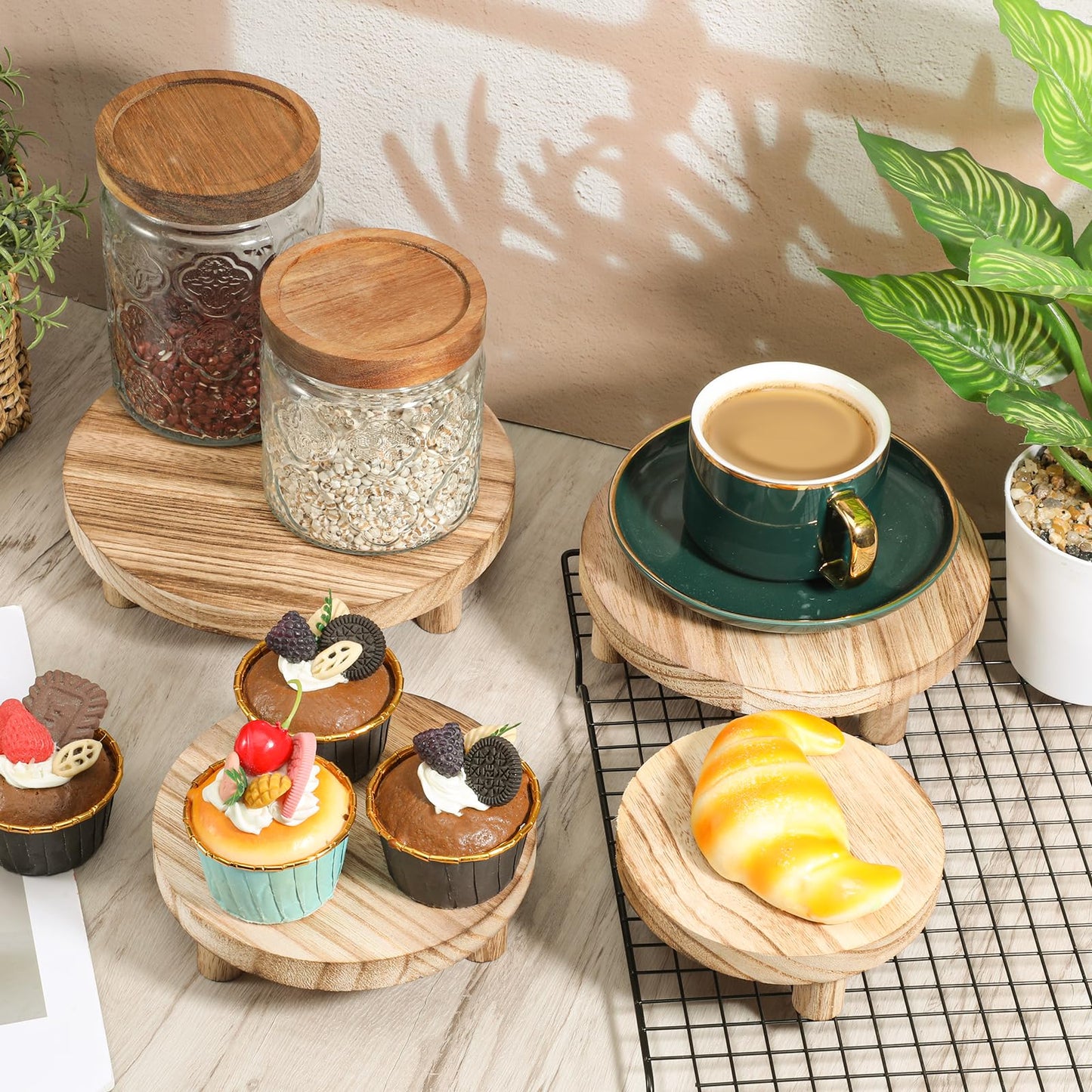 YBEATY 4 PCS Wooden Risers for Display, Wood Stool Round Pedestal Stand 8/7/6/5 Inch Mini Rustic Tiered Tray Riser Flower Pot Small Planter Holder for Home Kitchen Desktop Counter Room Patio Décor