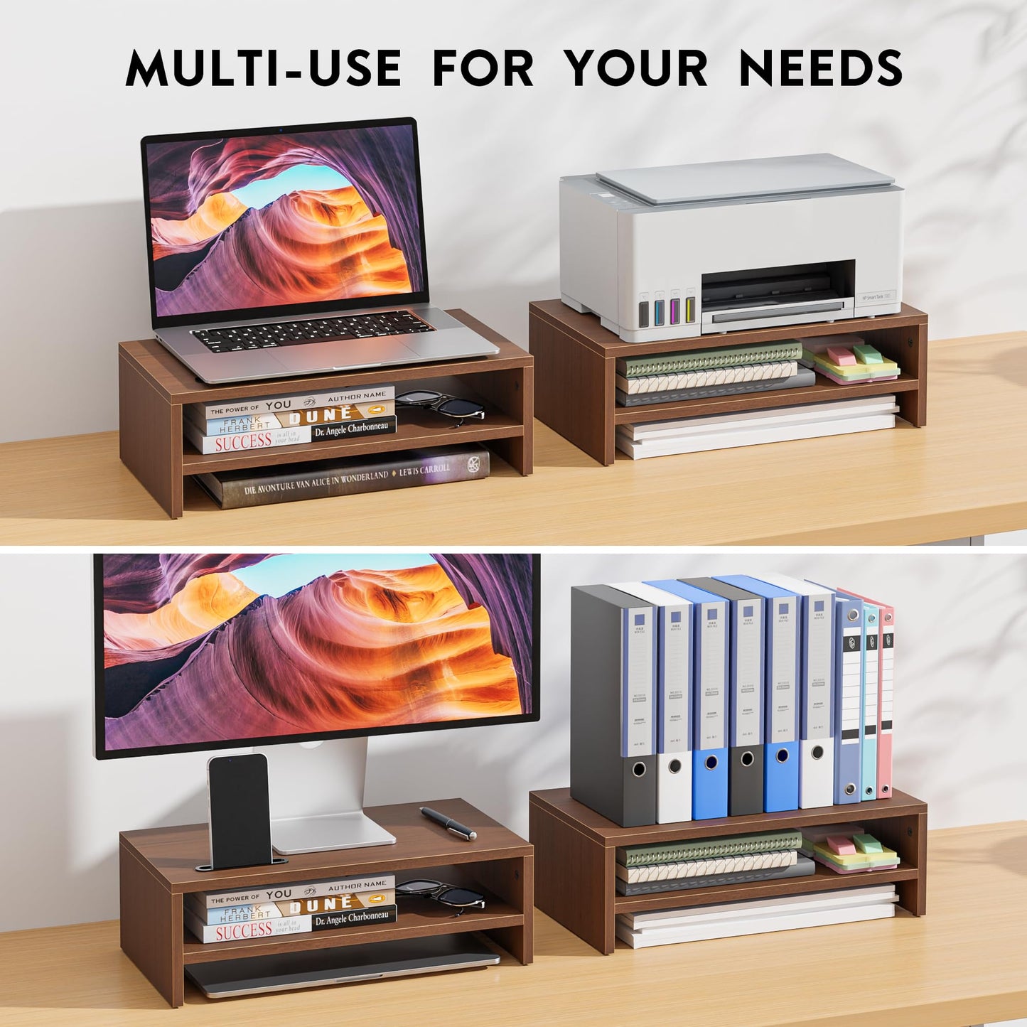 BONTEC Wooden Monitor Stand Riser, 2-Tier Desk Shelf with Storage Organizer, Ergonomic Computer Stand with Cable Management, Cellphone Holder, Walnut, 16.5 Inch
