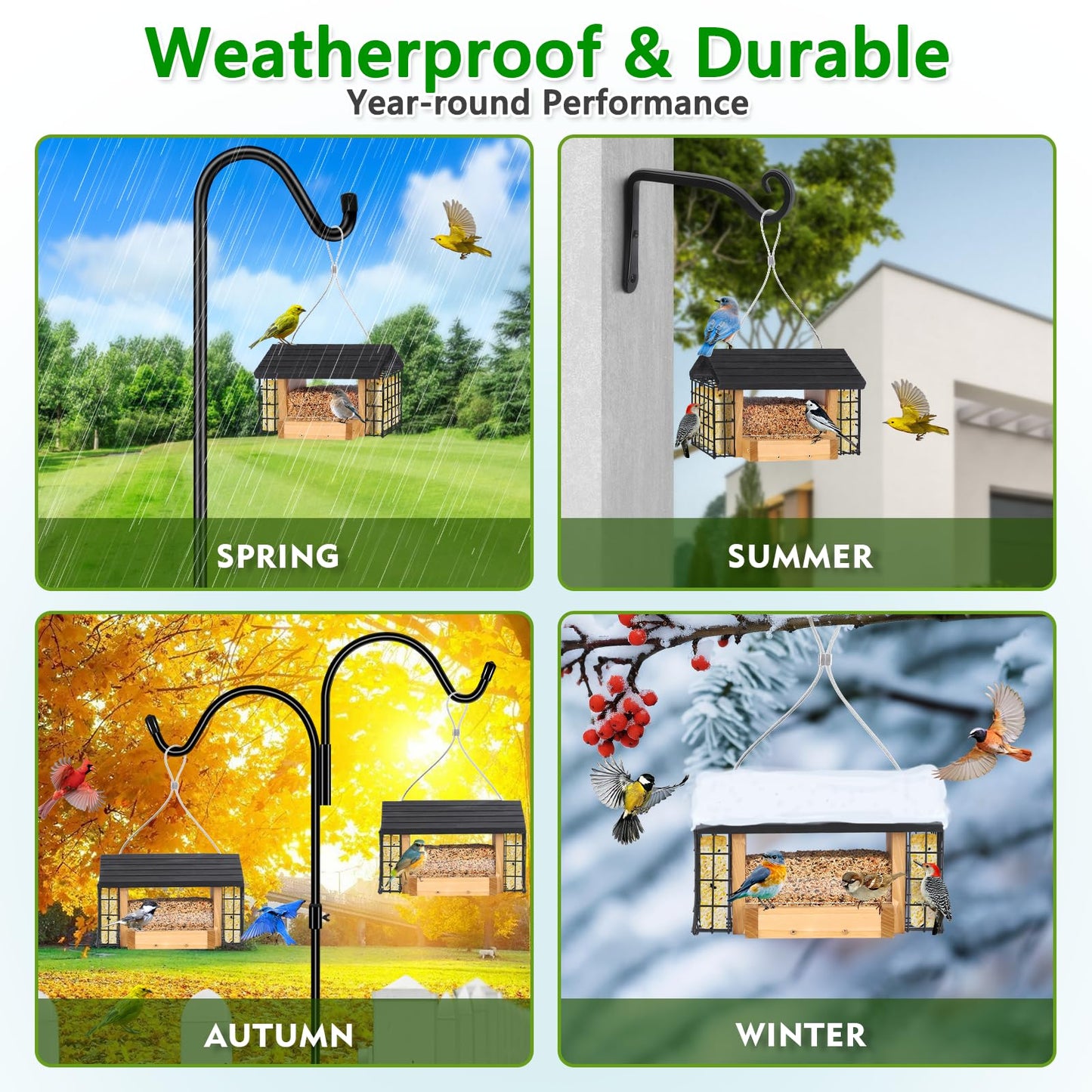 Gbekery Hopper Bird Feeder for Outdoors Hanging, Wooden Bird Feeder with Double Suet Cage and Large Seed Capacity, Cedar Wood Suet Feeder with Weatherproof Roof, Garden Decoration
