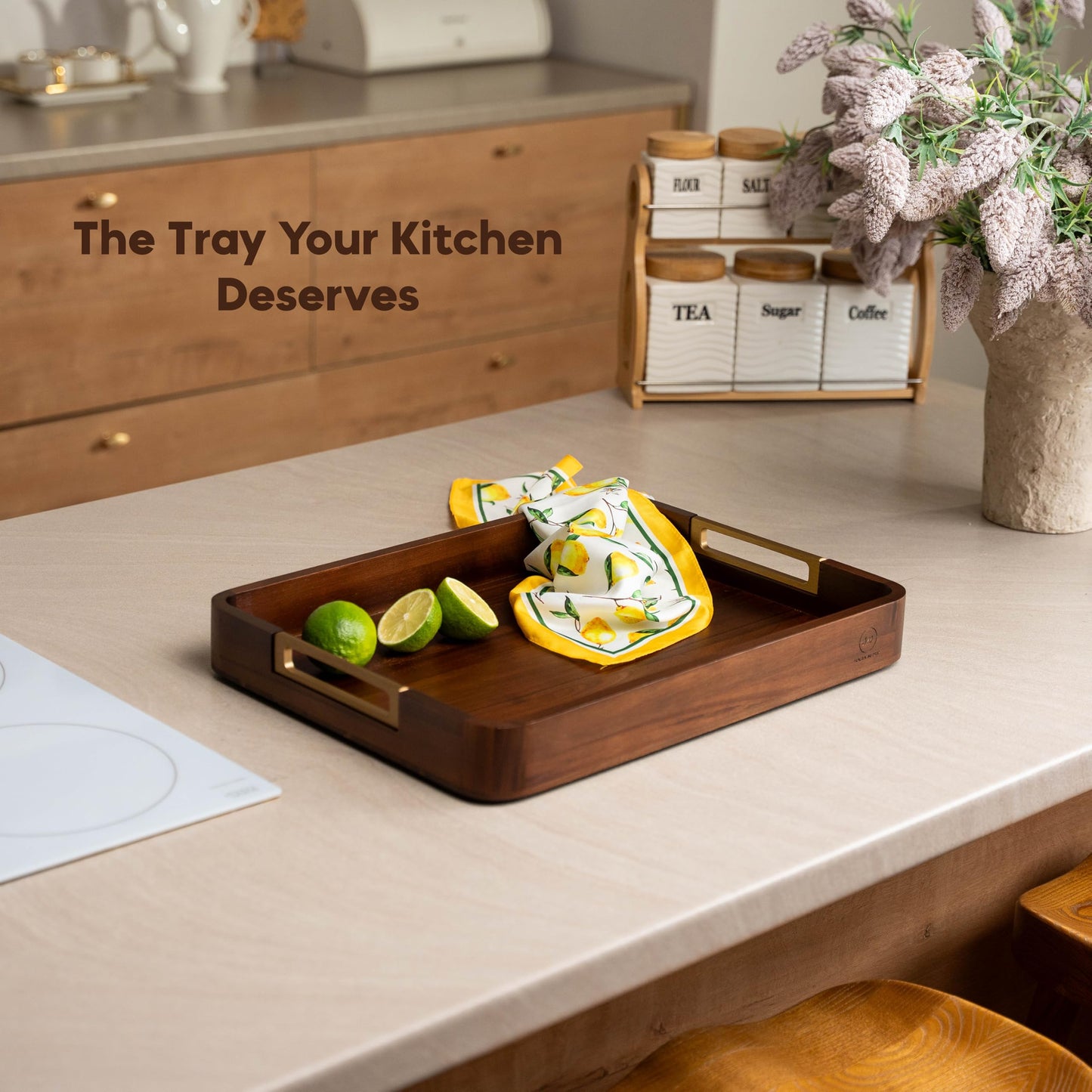 SARA NEST Premium Acacia Wooden Decorative Serving Tray with Gold-Tone Aluminum Handles, Versatile Serving Tray for Ottoman, Coffee Table, Living Room, Kitchen, Designed for Organizing & Home Decor