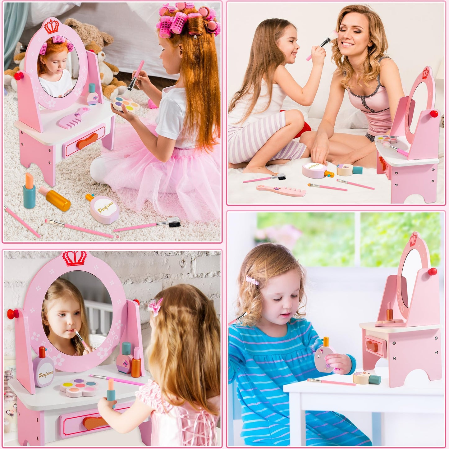 Kizfarm Wooden Dollhouse Furniture Set and Wooden Vanity Set for Kids