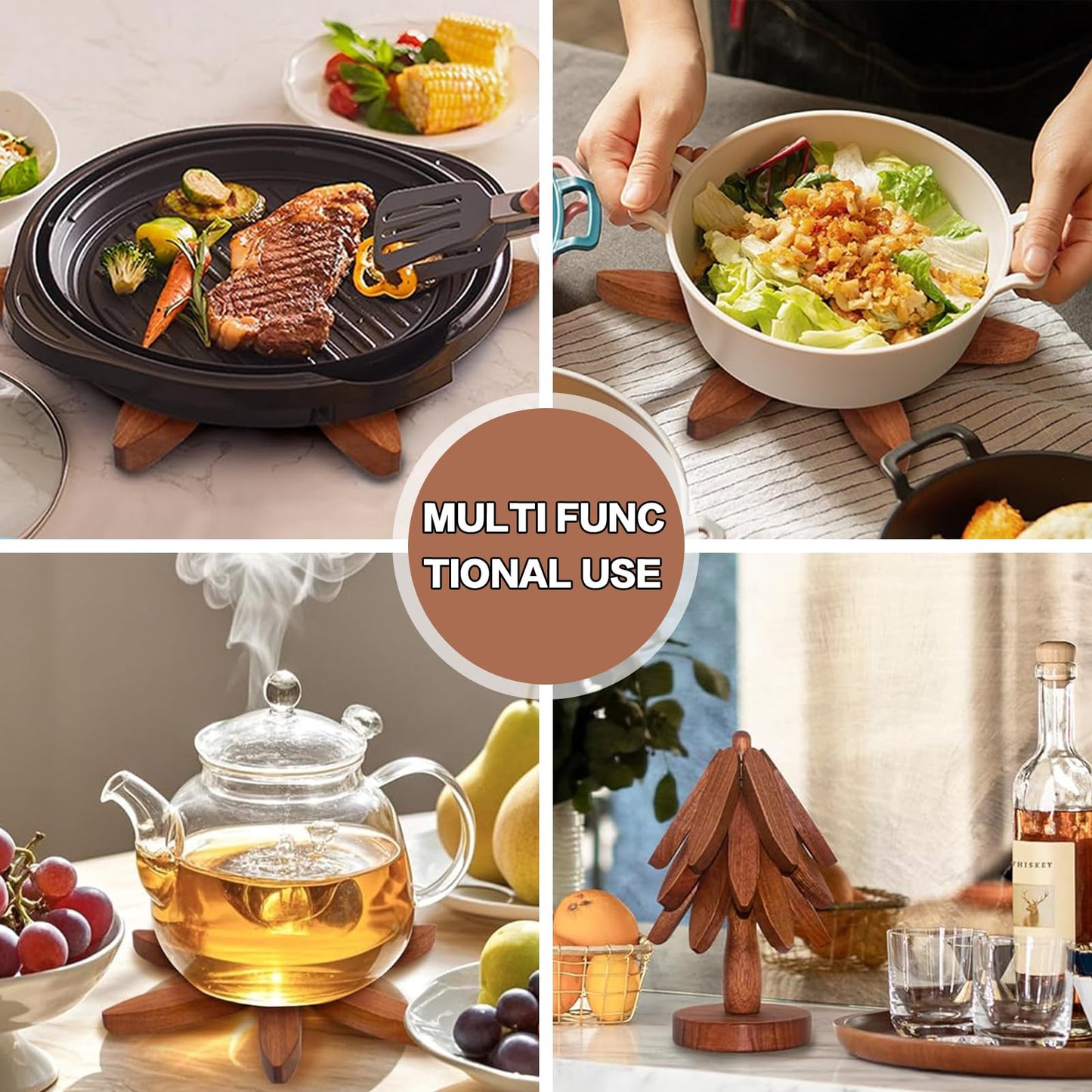 Wooden Trivets for Hot Dishes,Tree Trivet Set,Tree Coasters Set of 4,Treevet Coaster Set,Trivets for hot pots and Pans,4 treevot Coaster +1 Stand for Pot, Bowl, Teapot (Walnut Wood, 4Trivet)