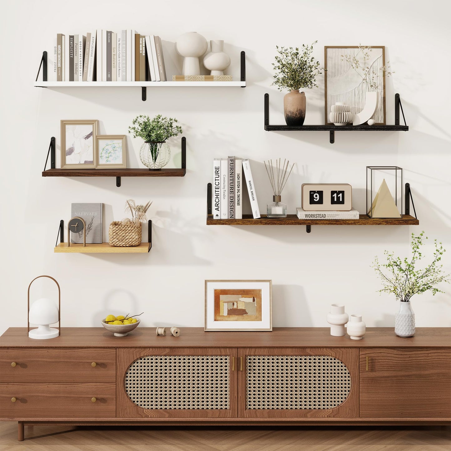 Feihorrm Book Shelf Set of 3, 16 inch Wall Mounted Bookshelf with Metal Brackets, Wall Shelves, Oak Book Shelves, Shelves on Wall, Wooden Bookshelves for Bedroom & Living Room