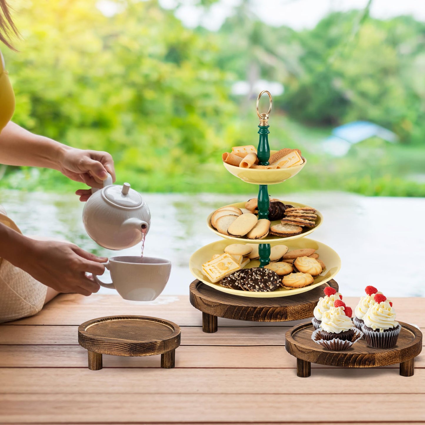 HAOPENGYOU 6PCS Wooden Risers for Display Wood Cake Stand for Party Round Food Risers for Buffet Wooden Holder Rustic Riser for Decor Tiered Tray Decor Home Kitchen (Rustic, 6 PCS (8β, 6β, 5β))