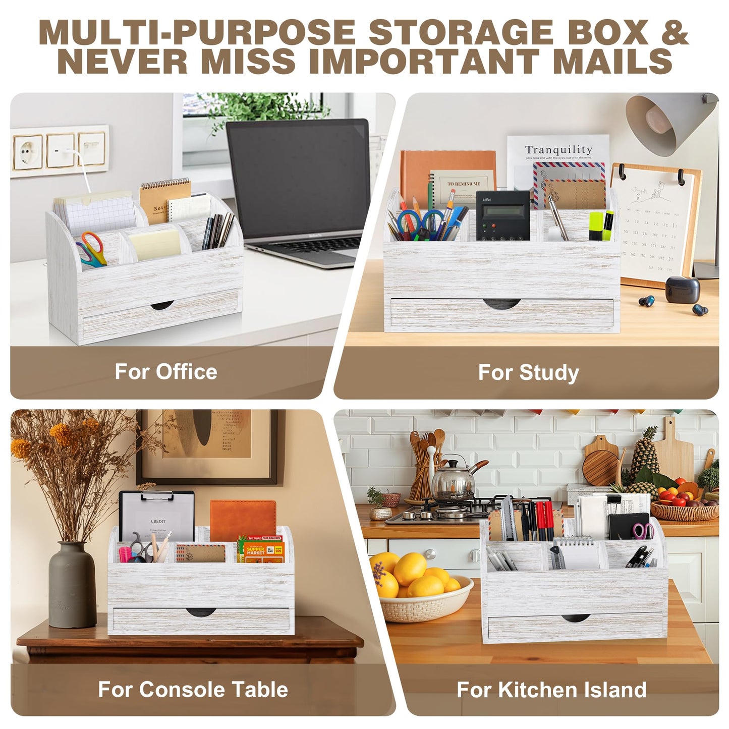 SeekElegant Wood Mail Organizer with Drawer & Pen Holder, White Mail Holder with 5 Detachable Compartments, Desk Organizer for Bill Envelope Storage, for Office Entryway Kitchen Countertop